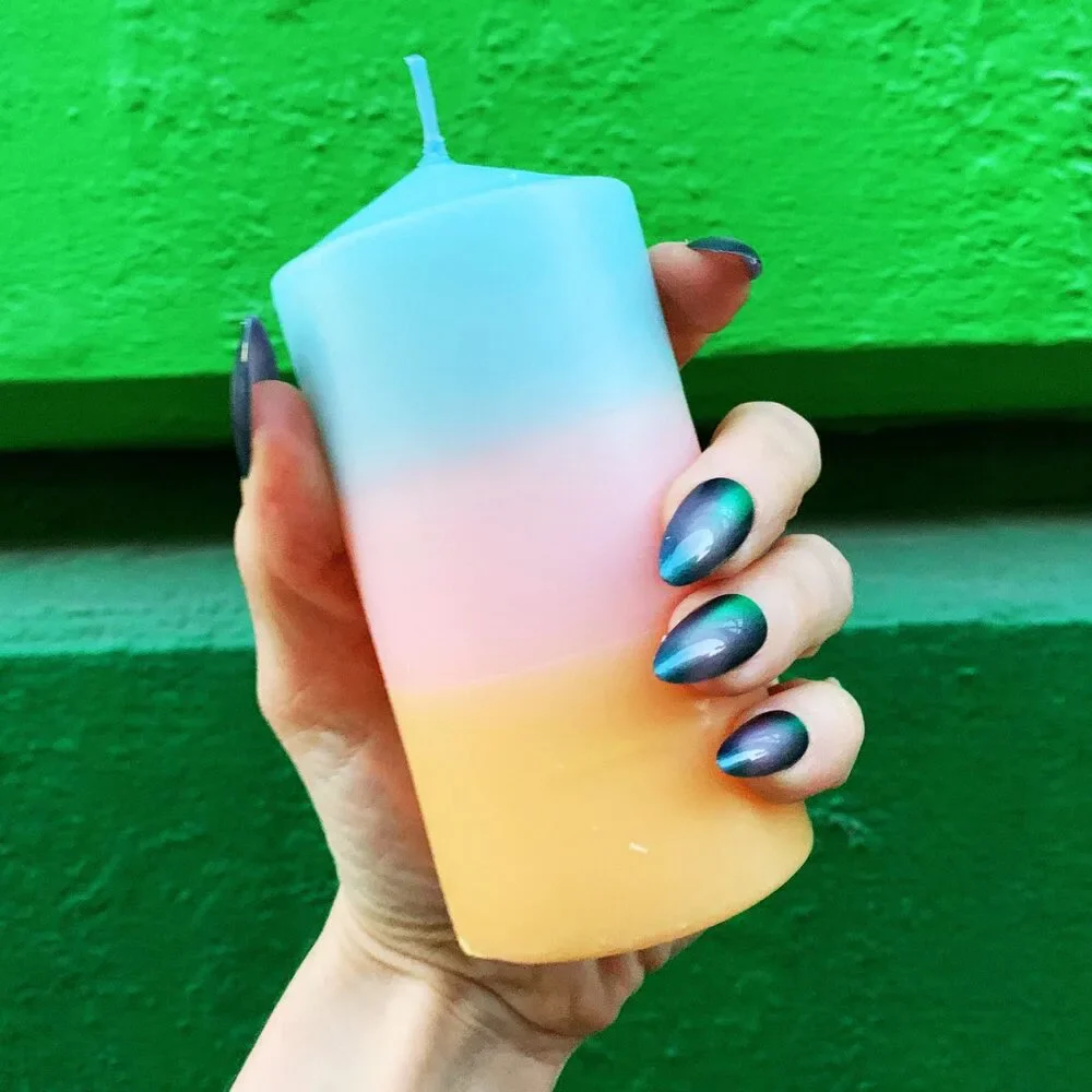 Mini Pillar Candle in Blue Pink Orange | Tri-Colored Ombre Aesthetic Table Cand